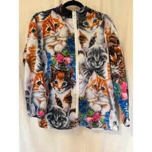 Handmade Kitten Print Fleece Zip Jacket Women’s Small Cat Lover Gift